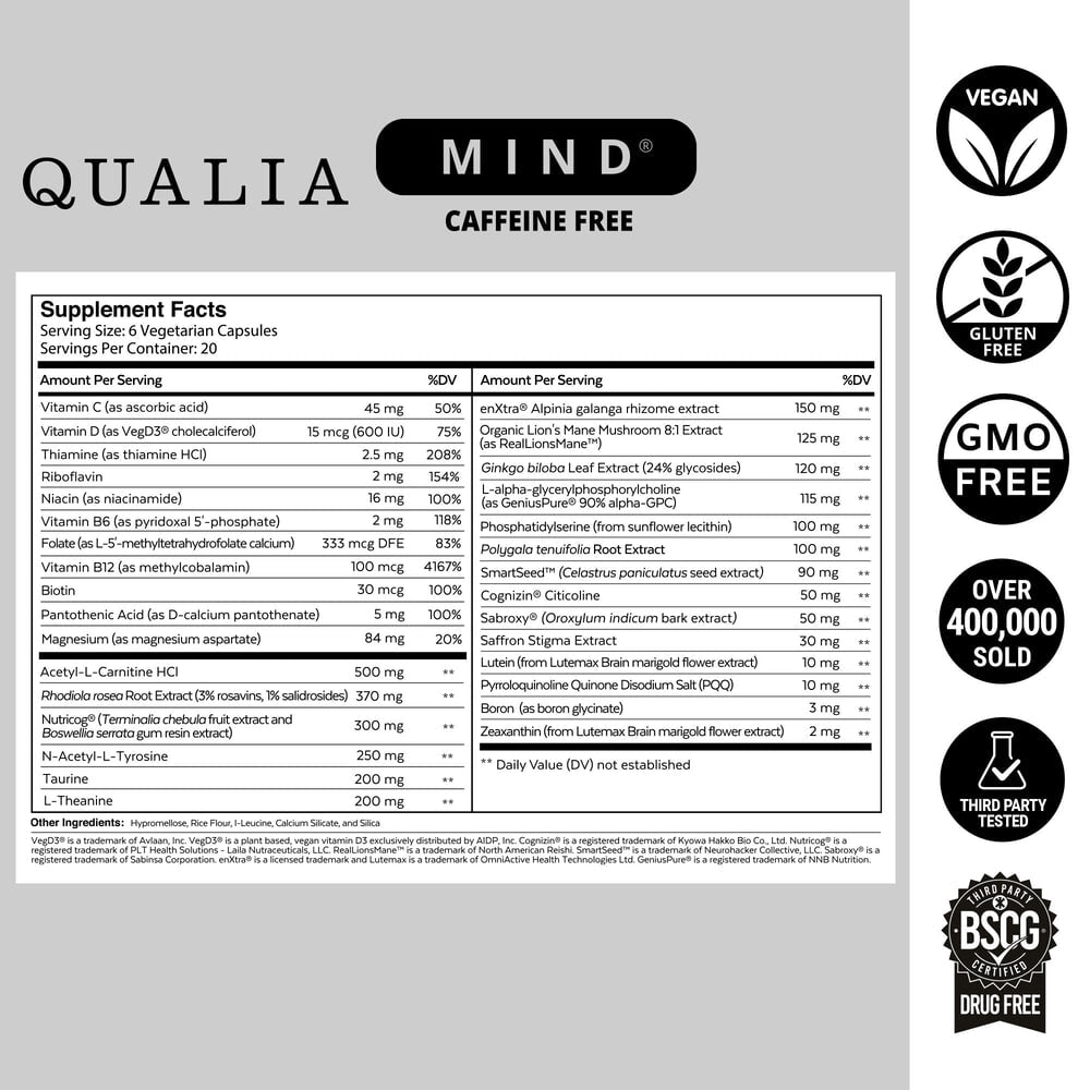 Qualia Mind Caffeine Free 2.0 – Premium Nootropic Formula (120 Capsules)